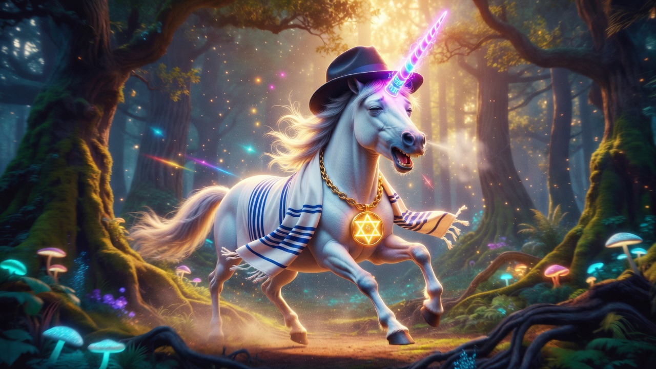 an image of mythical creature I conjured up called a JewNicorn, dorky looking wi