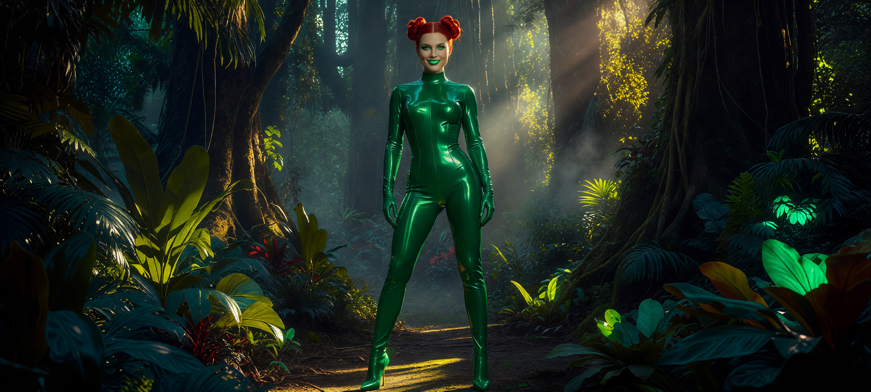 Poison Ivy standing directly in front of camera in sexy tight green latex cat su