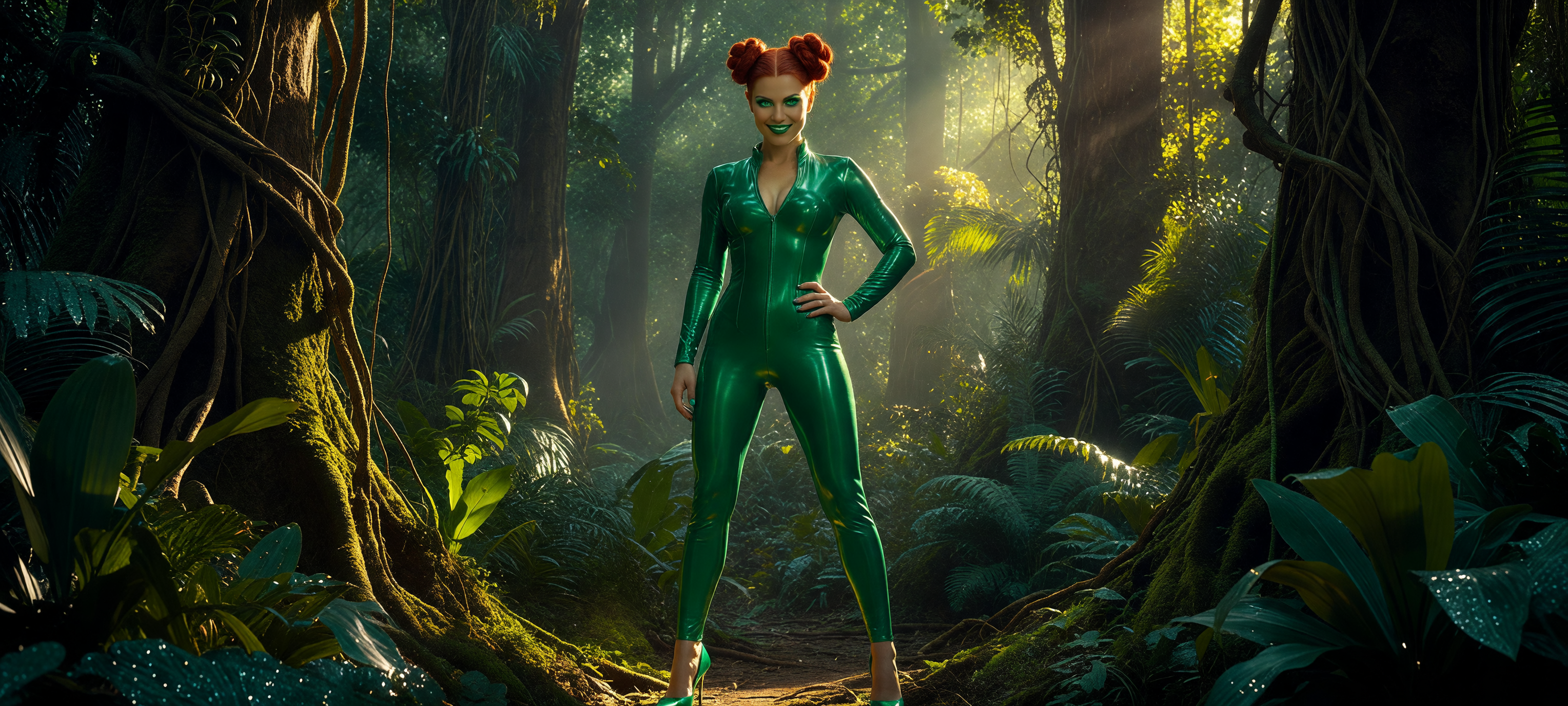 Poison Ivy standing directly in front of camera in sexy tight green latex cat su