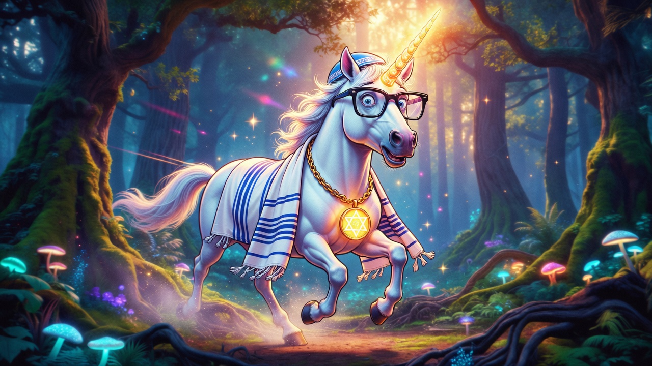 an image of mythical creature I conjured up called a JewNicorn, dorky looking wi